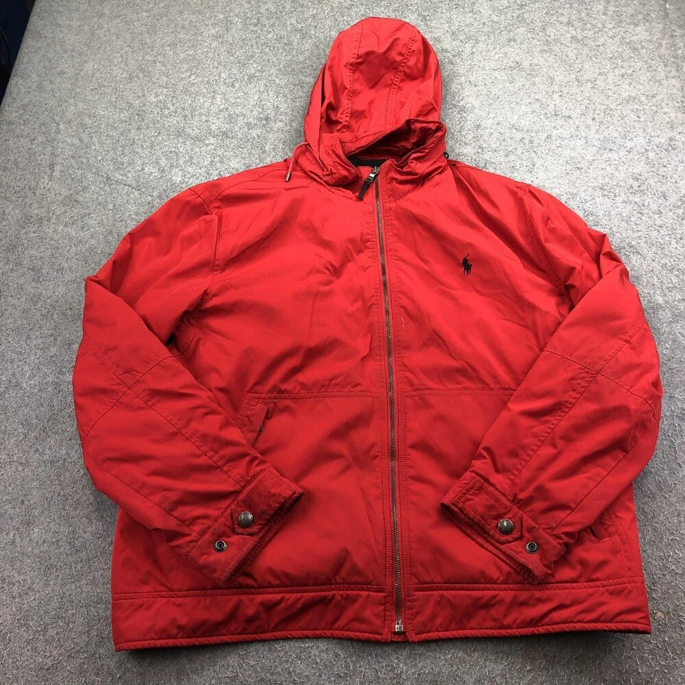 Polo Ralph Lauren Jacket Mens XL Red Hooded Windbreaker Full Zip Lined Outdoor
